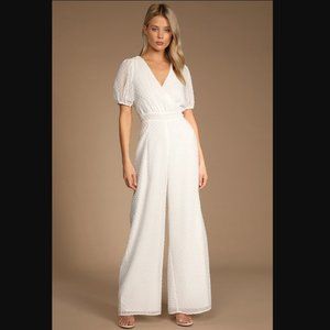 White Swiss Dot Puff Sleeve Wide-Leg Jumpsuit, Never Worn